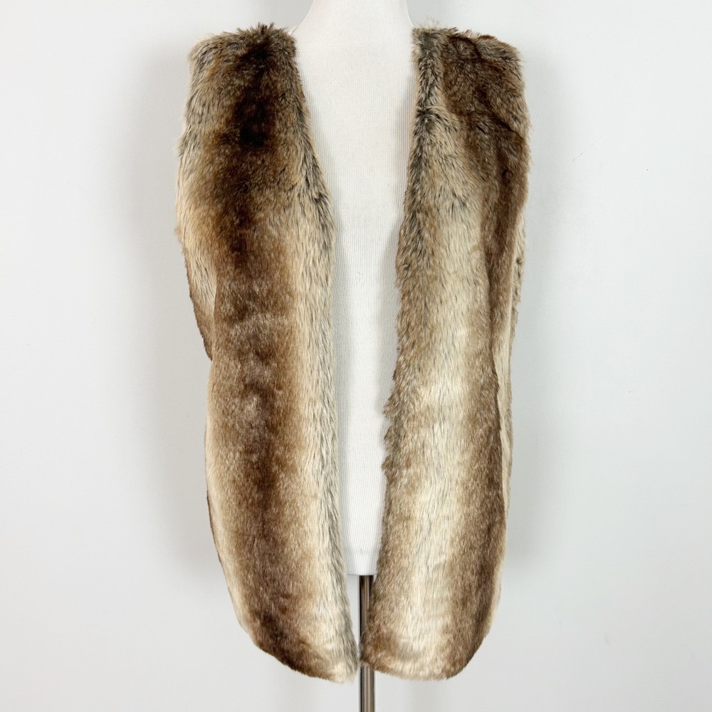 Vintage Liz Claiborne Brown Faux Fur Vest Ribbed Knit Back Size XL Women's